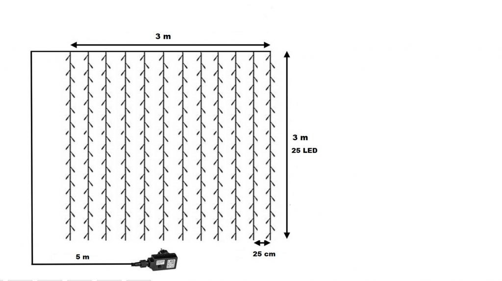Zewnętrzna kurtyna świetlna LED 3×3 m, zimna biel, 300 diod